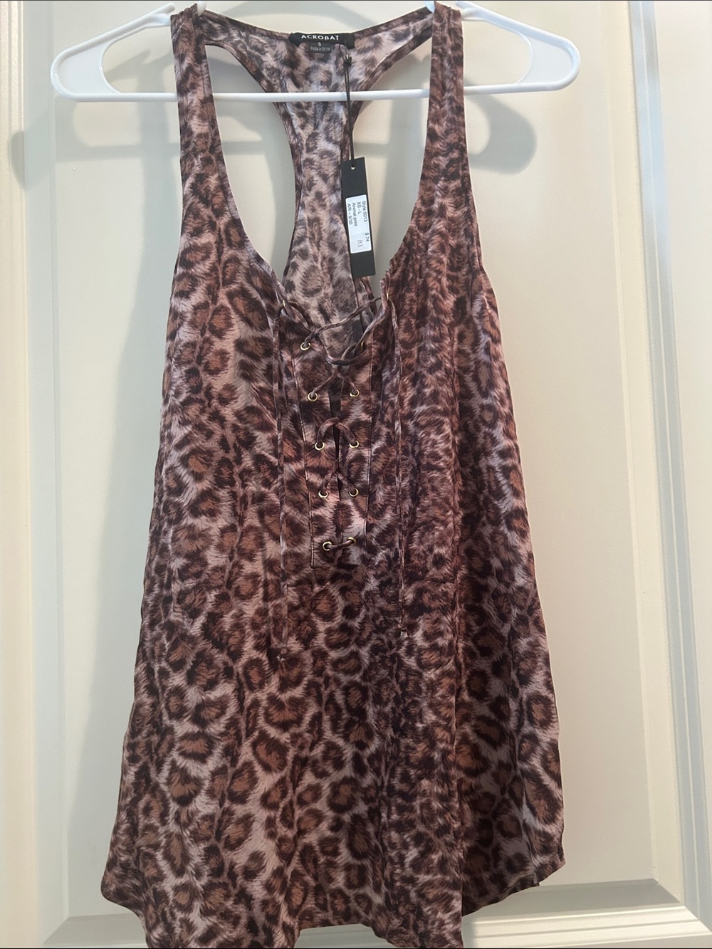 NWT Acrobat 100% Silk Leopard Animal Print LaceUp Crisscross Racerback Tank S